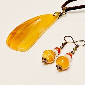 Deep Golden Ochre Freeform Onyx Stone Necklace & Matching Onyx Earrings 🍂🌞🌾